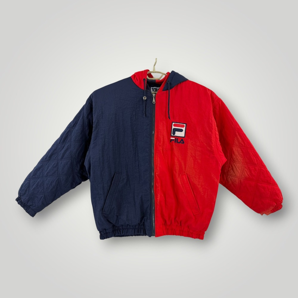 Vintage Fila Puffer Jacket Mens XL Red Navy Colorblock Rare Upside Down Tag 90s